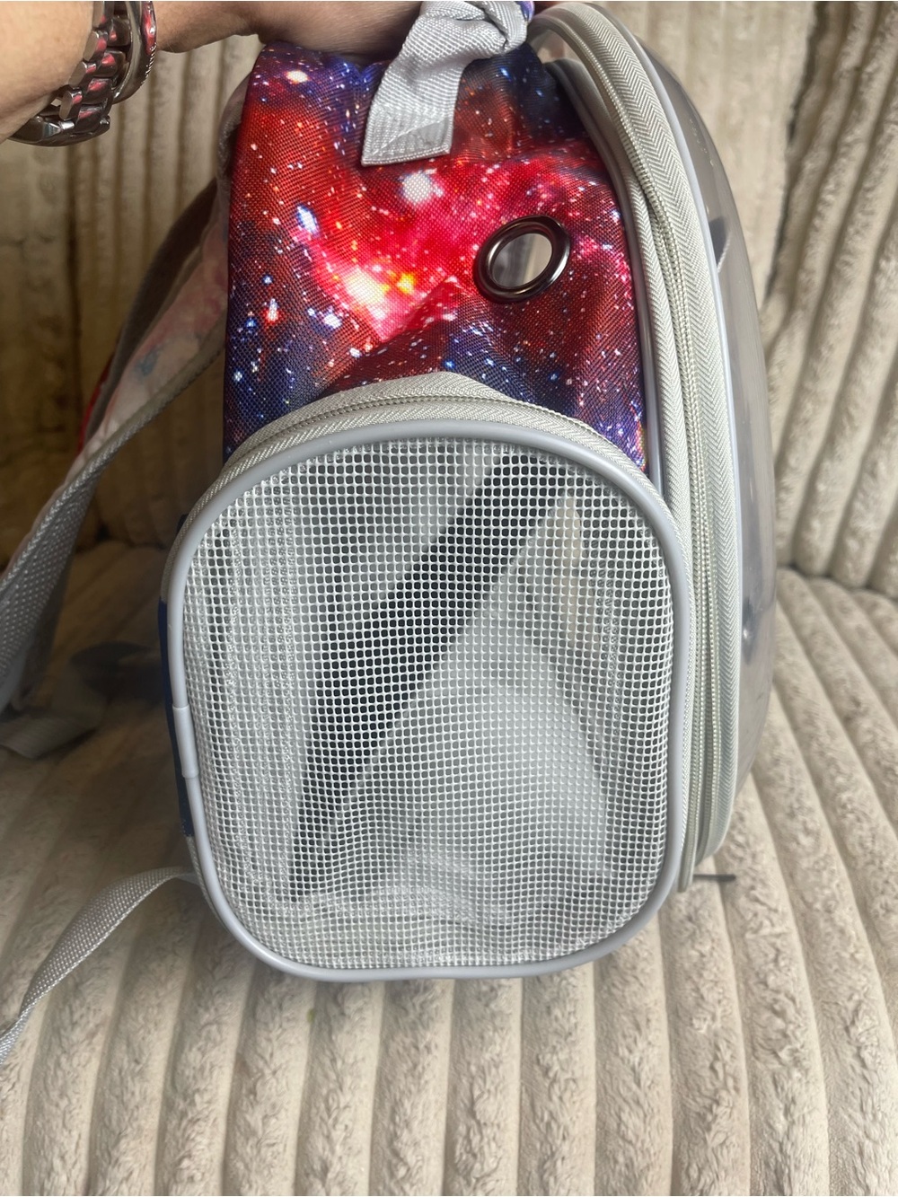 Transparent Gray Small Pet Carrier Backpack with Galaxy-Print Handle - Picture 5 of 7